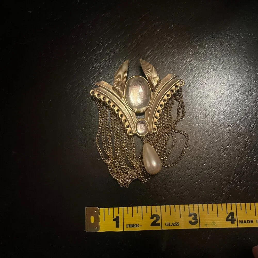 Vintage Egyptian Revival Art Deco Gold Tone Brooch w/ Faux Pearl and Rhinestone
